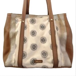 RELIC Printed Cream Canvas and Tan Faux Leather Shoulder Tote Bag